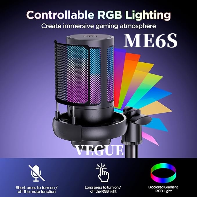 VEGUE ME6S RGB MIC ไมโครโฟนสําหรับเล่นเกมไมโครโฟนคอนเดนเซอร์ไมโครโฟน USB 麦克风ไมโครโฟนพีซีไมโครโฟนสําห