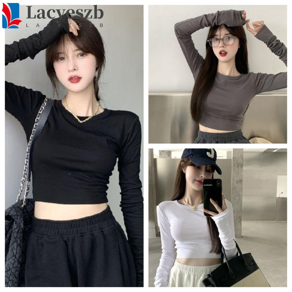 Lacyeszb เสื้อครอปท็อปแขนยาวลําลอง เอวสูง เข้ารูป สีพื้น แฟชั่นสําหรับผู้หญิง Y2k