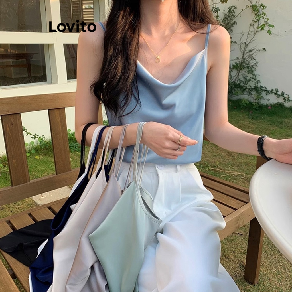 Lovito เสื้อสายเดี่ยวผู้หญิง คอถ่วง สีพื้น สไตล์หรูหรา LNE35193 (สีเขียวอ่อน / สีขาว / สีฟ้า / สีดำ)