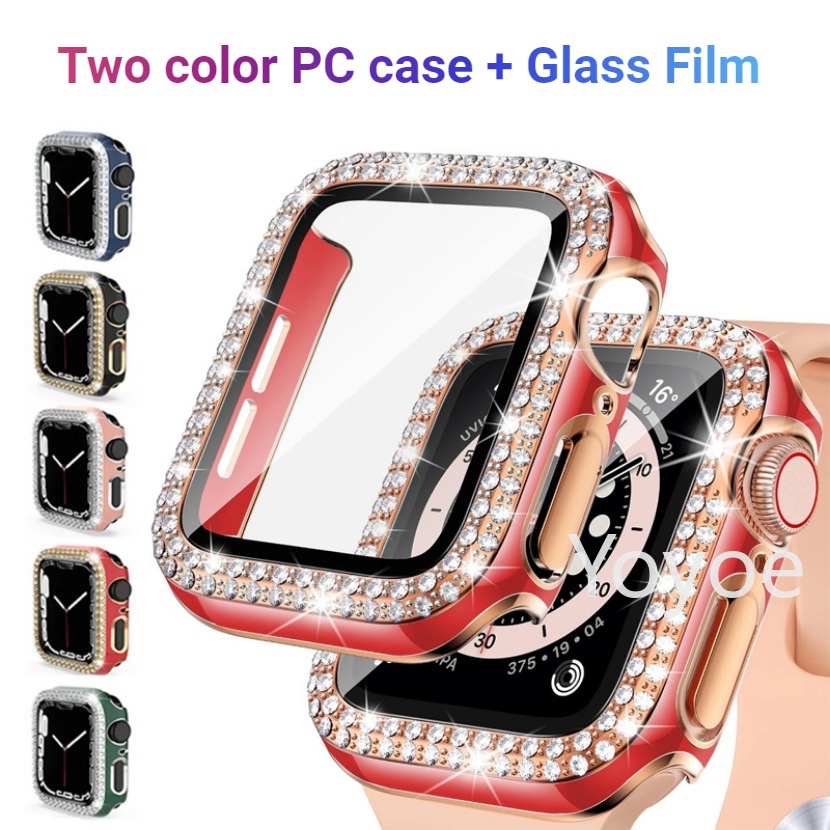 เคสป้องกันเพชร สําหรับ Apple Watch Series 9 45 มม. 44 มม. 42 มม. 41 มม. 40 มม. 38 มม. ฟิล์มกระจกนิรภัย + ฝาครอบ สําหรับ iWatch Series 8 7 6 Se 5 4 3 2 1 ป้องกันกันชน