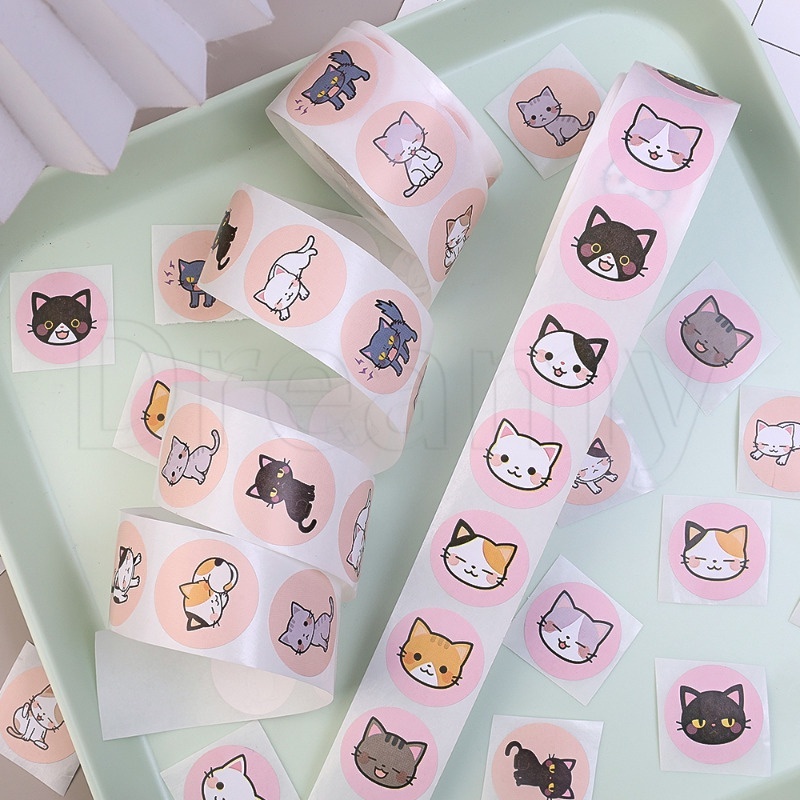 สติกเกอร์ ลายการ์ตูนแมวน่ารัก 500 ชิ้น ต่อม้วน DIY