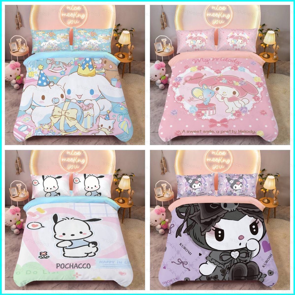 Star3 Sanrio Melody Kuromi Purin 3in1 ชุดเครื่องนอน ผ้าปูที่นอน ผ้าห่ม ผ้านวม ซักทําความสะอาดได้ ใส่สบาย สําหรับตกแต่งบ้าน