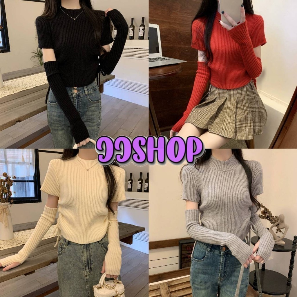 JJ Shop​💜​พร้อมส่ง เสื้อไหมพรมแขนสั้น คอกลม แถมปลอกแขน น่ารัก "B03"