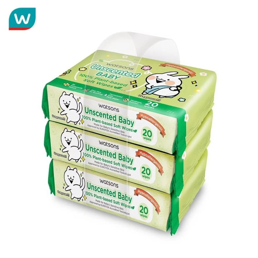 Watsons วัตสัน x Usagyuuun อันเซ้นต์เท็ด เบบี้ 100 อีโค่-เฟรนด์ลี่ ซอฟท์ ไวพ์ 20 แผ่น x 3 แพ็