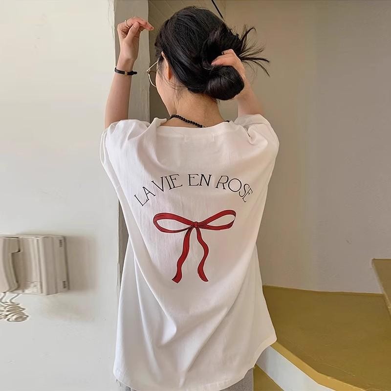 Papaya เสื้อยืดโอเวอร์ไซส์ เสื้อยืดเกาหลี ผ้าคอตตอน 100% Cotton เสื้อยืด เนื้อนุ่ม ริบบิ้นสีชมพู Ove