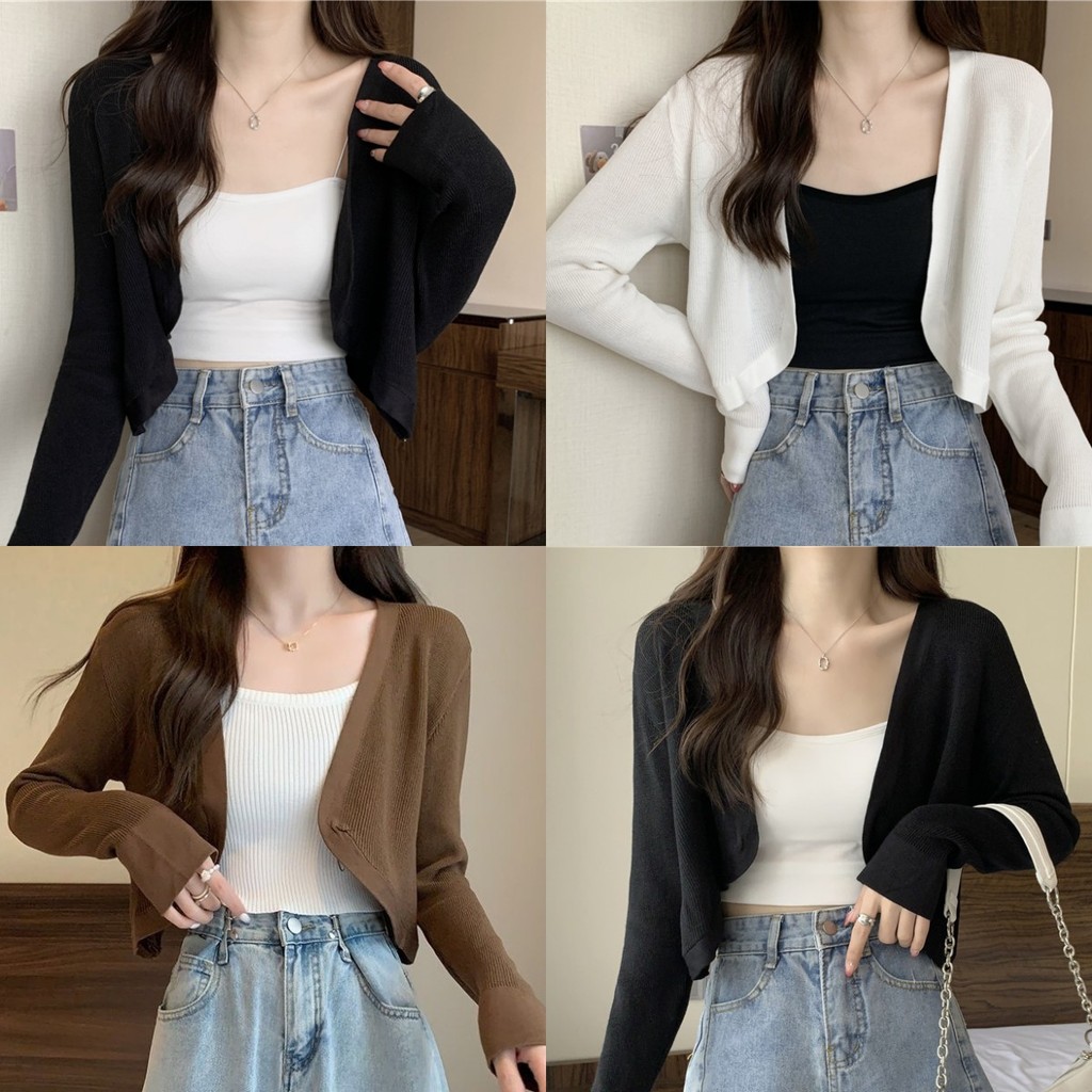 💗Anne💗คาร์ดิแกน สีทึบ ไหมพรม ผ้ายืด สลิมฟิต เสื้อแขนยาว ใส่สบาย แฟชั่น สไตล์เกาหลี เข้ากับทุกการแต่งกาย💐#129-1