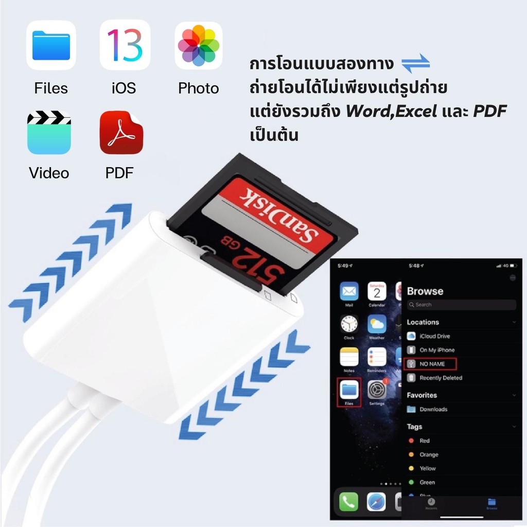 เครื่องอ่านการ์ด Camera storage card reader 2หัว Lightning / Type-c Card Reader 2 in 1 OTG SD Card
