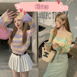 Elves✨พร้อมส่ง✨ เสื้อครอปสั้นถักไหมพรม แขนยาวสีพาสเทลขาดๆ ~4Y87~ -C