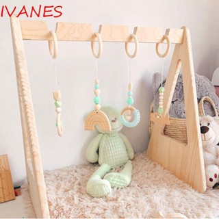 Ivanes ของเล่นยิม กรอบไม้ รูปกระต่ายน่ารัก พร้อมแหวนจี้โครเชต์ สําหรับแขวนตกแต่ง