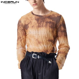 Incerun เสื้อยืด แขนยาว พิมพ์ลาย จับจีบ สไตล์วินเทจ แฟชั่นสําหรับผู้ชาย