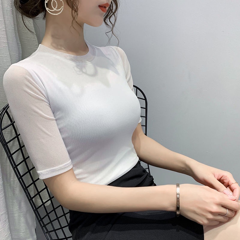 เสื้อยืดคอกลม แขนห้าส่วน ผ้าตาข่าย ขนาดใหญ่ เข้ารูป แฟชั่นฤดูร้อน สําหรับผู้หญิง 2023