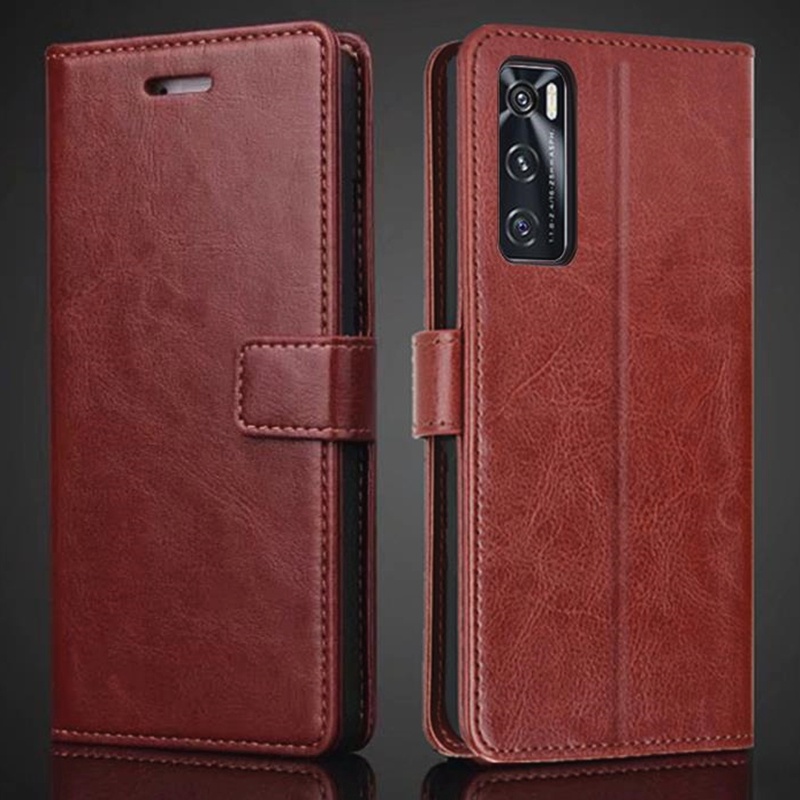 เคสหนังวัวแท้ ฝาพับ พร้อมช่องใส่บัตร ขาตั้ง สไตล์วินเทจ สําหรับ Vivo V20 SE V2022 V2023