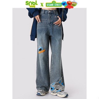 Sesame Street x SNBL monster cookie jeans with high-waisted washed street fashion brand pants กางเกงยีนส์สีฟอกคุกกี้