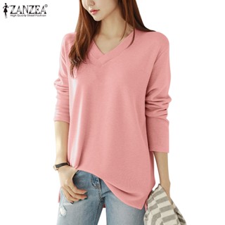 Zanzea เสื้อยืดถัก แขนยาว คอวี สีพื้น แฟชั่นเกาหลี สําหรับผู้หญิง