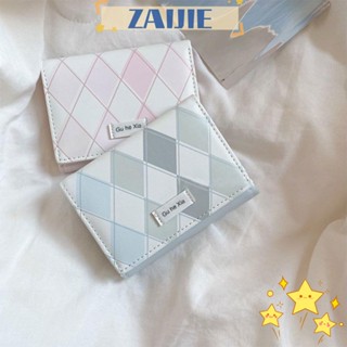 Zaijie24 กระเป๋าสตางค์ กระเป๋าใส่บัตรเครดิต หนัง PU ลายตารางหมากรุก เรียบง่าย สไตล์เกาหลี สีฟ้า สําหรับผู้หญิง