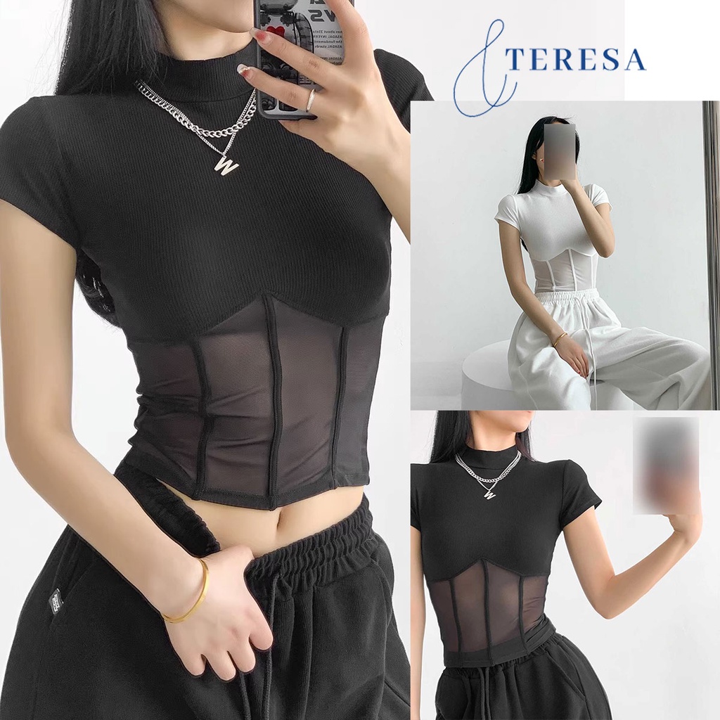 พร้อมส่ง เสื้อครอปซีทรูเเขนสั้นสีพื้นคอเต่า สาวฮอตเเซ่บใส่เที่ยว