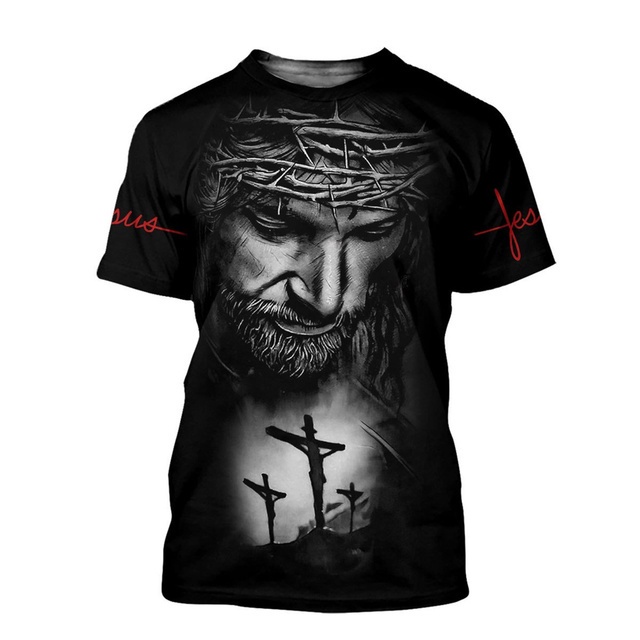 เสื้อยืดลําลอง แขนสั้น คอกลม พิมพ์ลายพระเยซู 3D แฟชั่นฤดูร้อน สําหรับผู้ชาย 2023