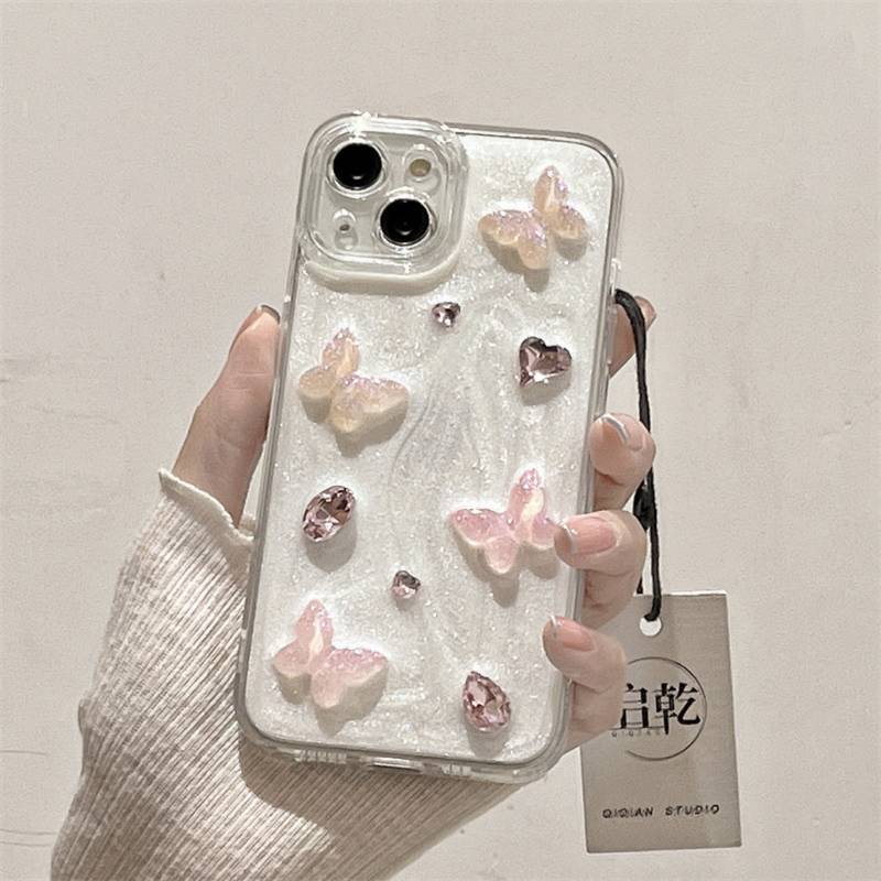 INS Style Stereo Pearl Powder Butterfly Apple 14promax Phone Case Iphone11/12138plus/6sxr 87SK