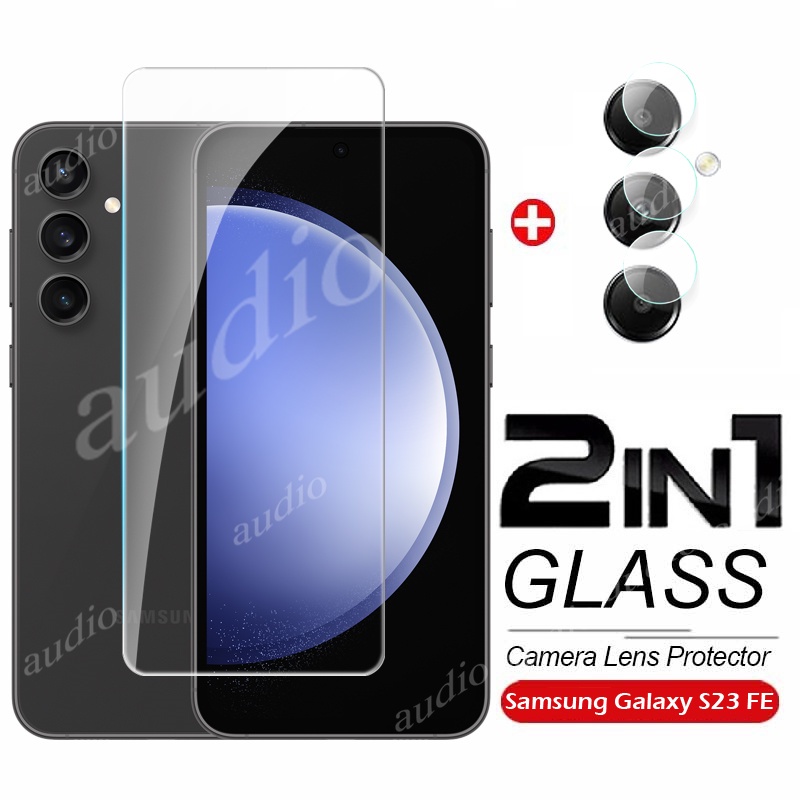 2in1 กระจกนิรภัยเต ็ มหน ้ าจอฟิล ์ มป ้ องกันเลนส ์ กล ้ องสําหรับ Samsung Galaxy S24 S23 FE 5G 2024 โทรศัพท ์ ป ้ องกันหน ้ าจอฟิล ์ มสําหรับ Samsung S24Fe S23Fe 5G