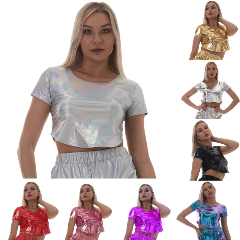 เสื้อยืด เสื้อครอป แขนสั้น ผ้าหนัง แวววาว เซ็กซี่ สีทอง สําหรับผู้หญิง
