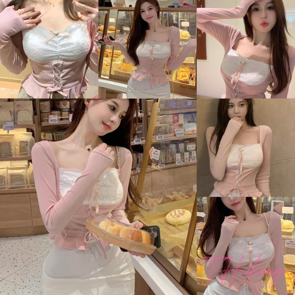 (ส่งจากกรุงเทพ) กระชับเอว แขนยาว เสื้อกล้ามเซ็กซี่สำหรับผู้หญิง ระบายลูกไม้