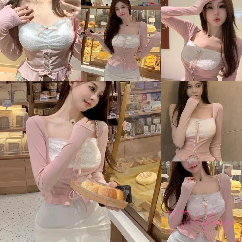 (ส่งจากกรุงเทพ) กระชับเอว แขนยาว เสื้อกล้ามเซ็กซี่สำหรับผู้หญิง ระบายลูกไม้