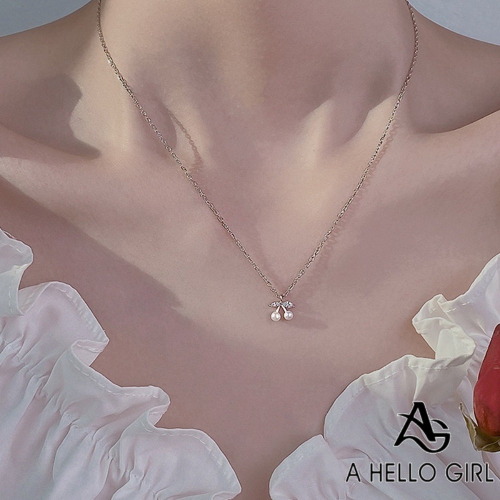 Ahellogirl قلادة فضة S925 بالكرز واللؤلؤ