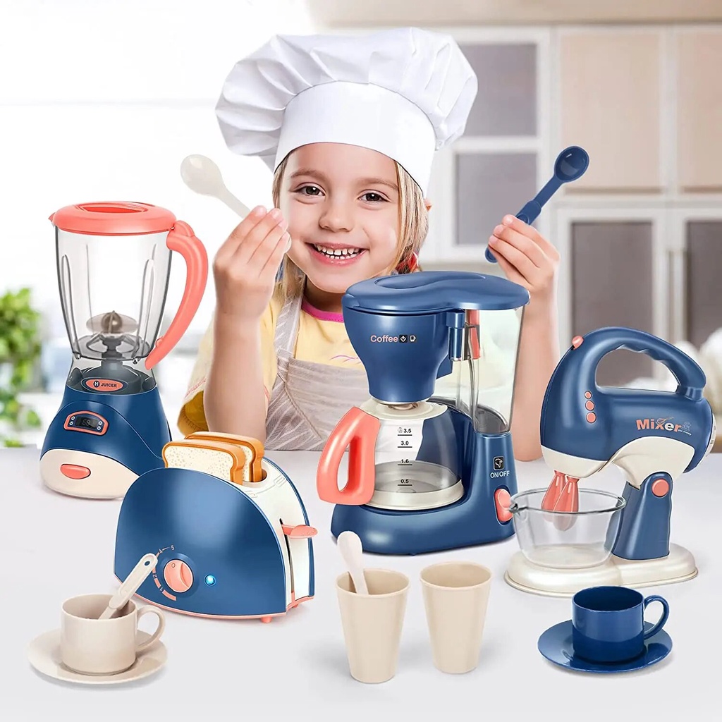Mini Household Appliances Kitchen Toys Pretend Play Set with Coffee Maker Blender Mixer and Toaster for Kids Boys Girls