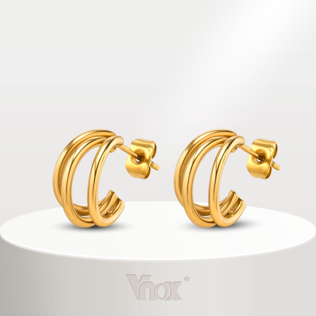 Vnox ต่างหูสตั๊ด สเตนเลส ทอง 18K รูปตัว C สามสาย กันแพ้ สําหรับผู้หญิง