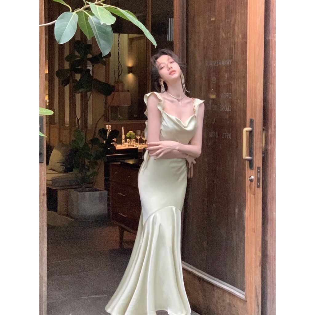 🌙ชุดเดรส,🌙ฝรั่งเศสซาตินเซ็กซี่หางปลาแม็กซี่ชุด