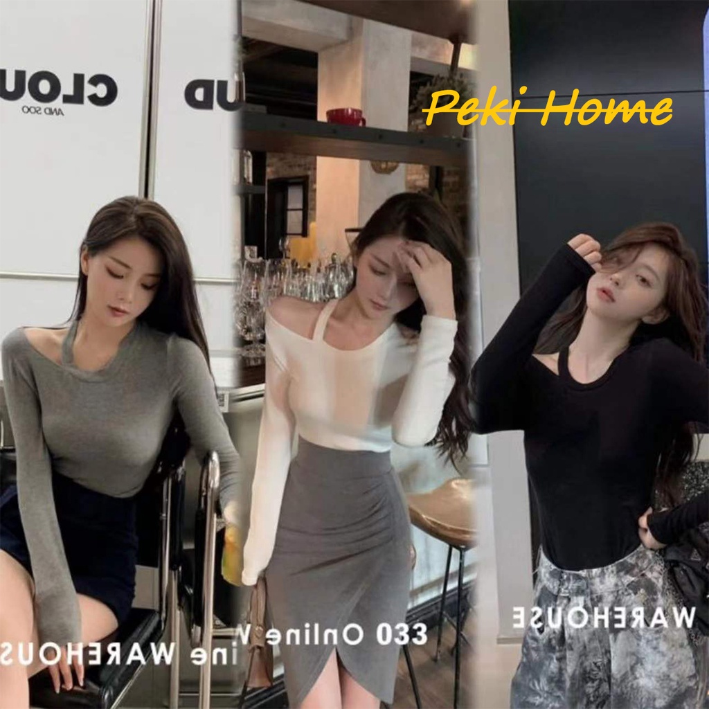 เสื้อครอปแขนยาวผู้หญิงคอไม่สม่ำเสมอ สวมใส่ปาร์ตี้