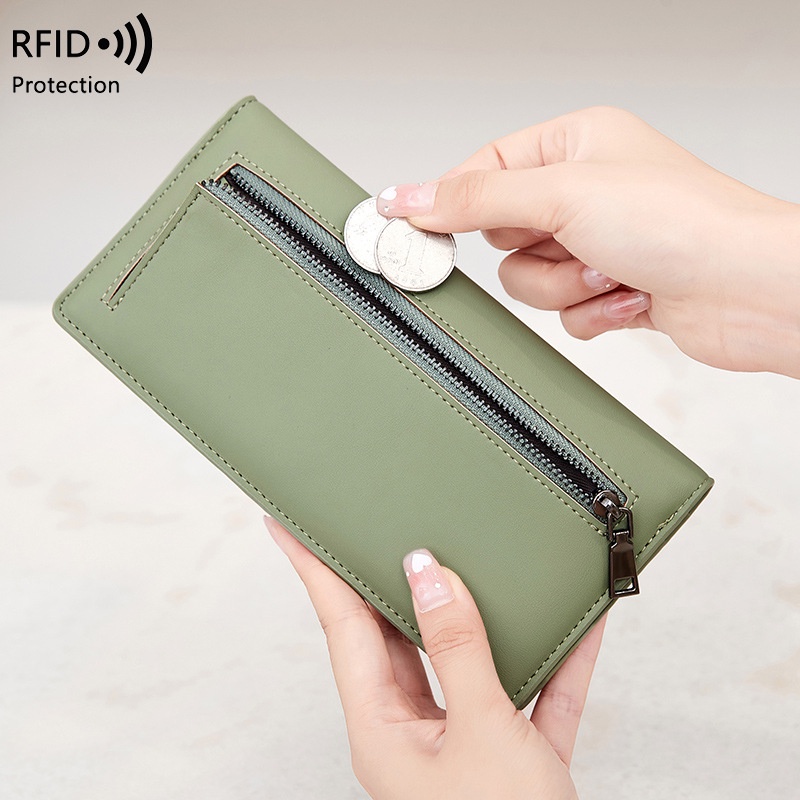 กระเป๋าสตางค์ หนัง PU ใบยาว แบบบางพิเศษ ป้องกันขโมย ใส่บัตรได้ สีพื้น สําหรับผู้หญิง