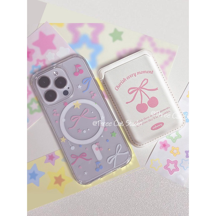 เคสโทรศัพท์มือถือแบบหนัง ใส แม่เหล็ก ลายเชอร์รี่ ดาว โบว์ พร้อมช่องใส่บัตร สําหรับ 15pro 13pro 14promax 11 12 14 XSMAX