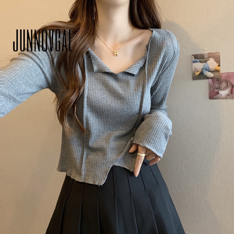 Junnovgal เสื้อยืดคอวี แขนยาว สีพื้น แฟชั่นฤดูใบไม้ร่วง สําหรับผู้หญิง 2023
