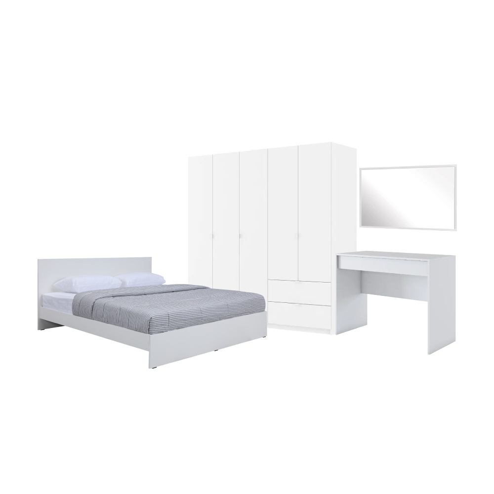 INDEX LIVING MALL ชุดห้องนอน รุ่นวิวิด พลัส+วิต้า ขนาด 5 ฟุต (เตียง, ตู้เสื้อผ้า 5 บาน, โต๊ะเครื่องเเป้ง, กระจกเงา) - สีขาว