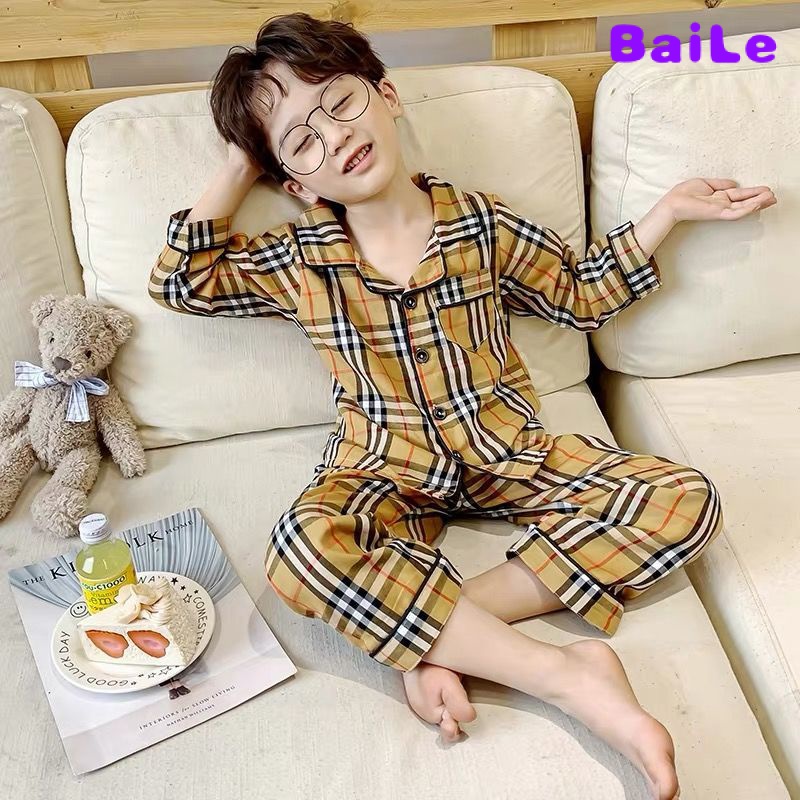[Baile Little Forest] ชุดนอน เสื้อคาร์ดิแกน แขนยาว ลายสก๊อต สองชิ้น สําหรับเด็กผู้ชาย