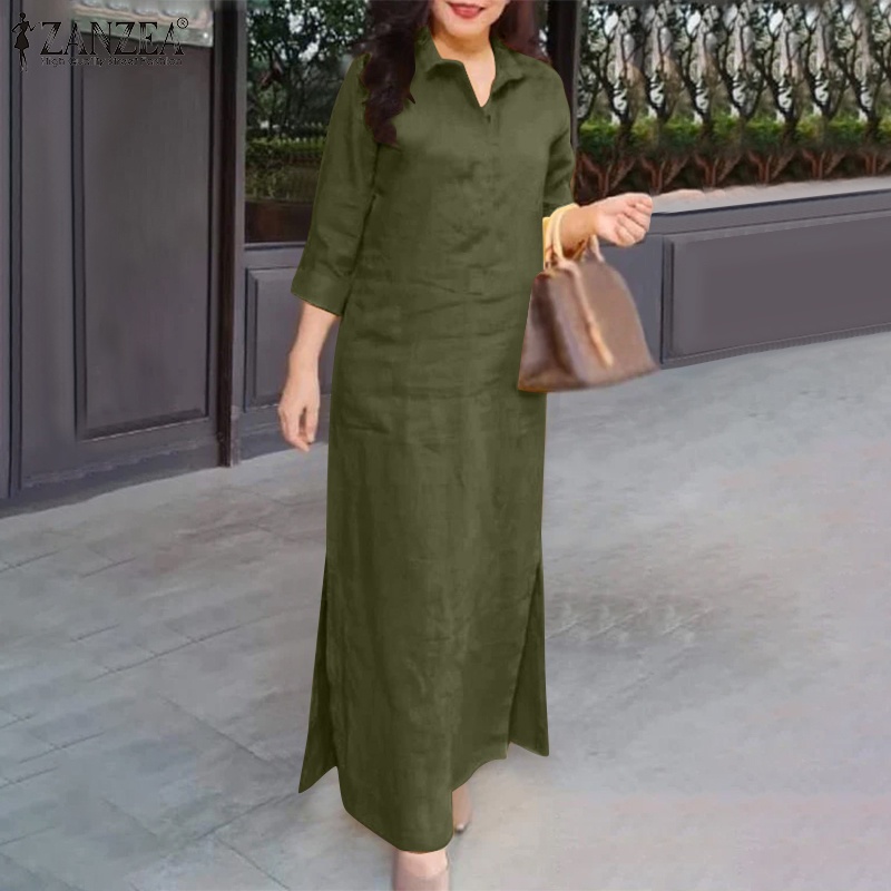 Zanzea ชุดเดรสลําลอง คอปก ผ่าข้าง สีพื้น สไตล์วินเทจ สําหรับผู้หญิง — صورة 5
