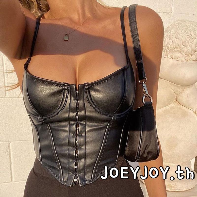 Joeyjoy-รัดตัวผู้หญิง Low-cut Bustier Sling Top ถังหนัง PU สําหรับวันหยุดออกเดทปาร์ตี้วันหยุด