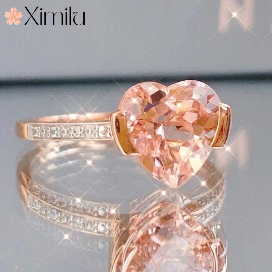 ♥ Original Morganite แหวนพลอยรูปหัวใจหญิงแชมเปญเครื่องประดับอารมณ์