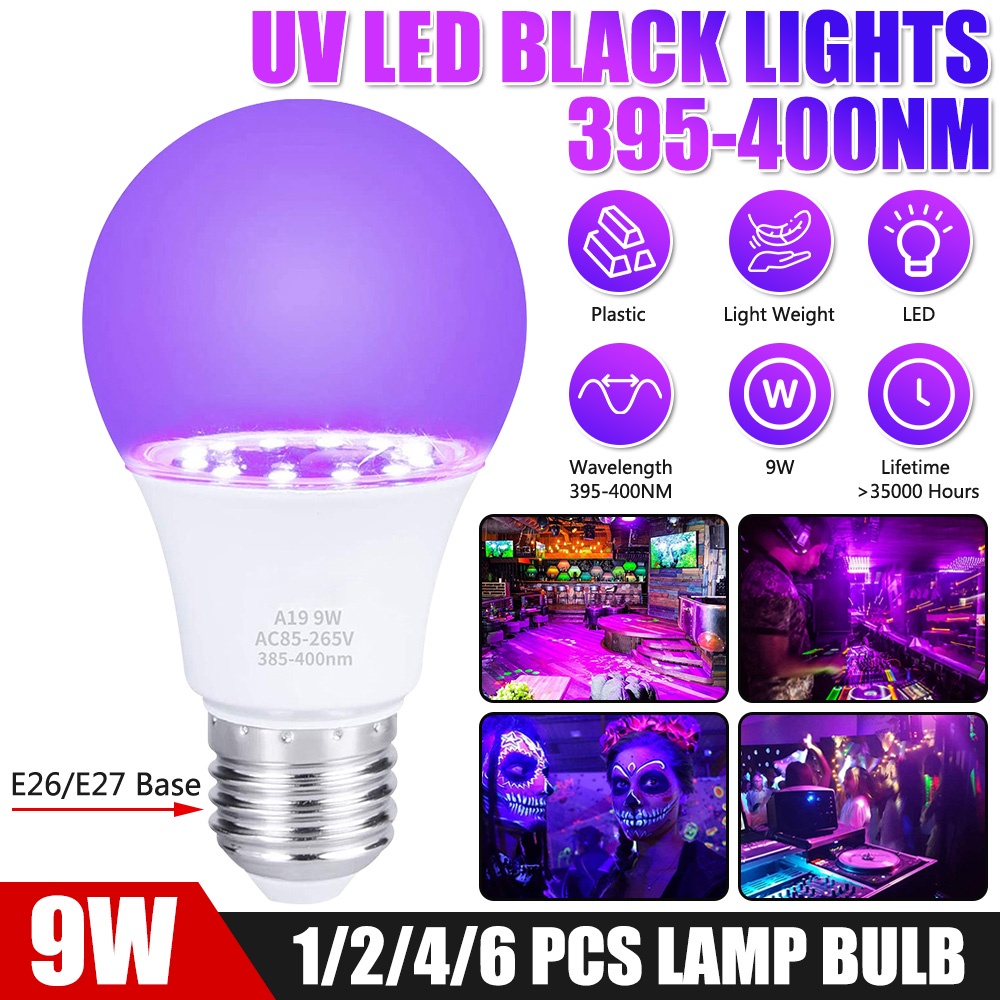 หลอดไฟ LED 9W 395-400nm AC85-265V E27 สีม่วง สําหรับปาร์ตี้ 6 ชิ้น