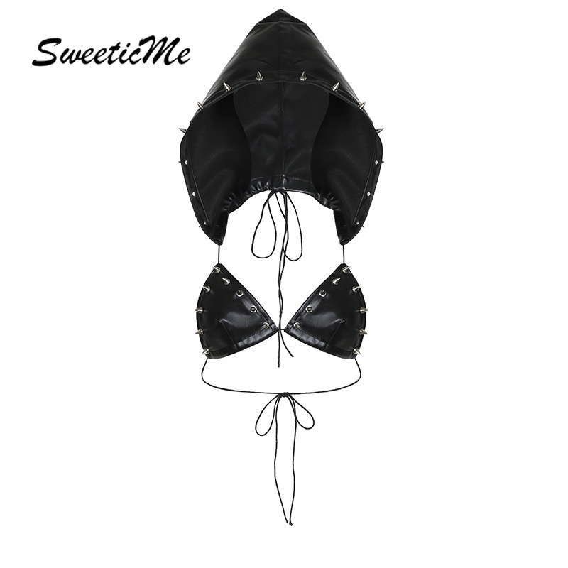 SweeticMe แฟชั่นใหม่ของผู้หญิง Rivet สีทึบ Hooded เซ็กซี่ Lacing PU เสื้อกล้าม Camisole