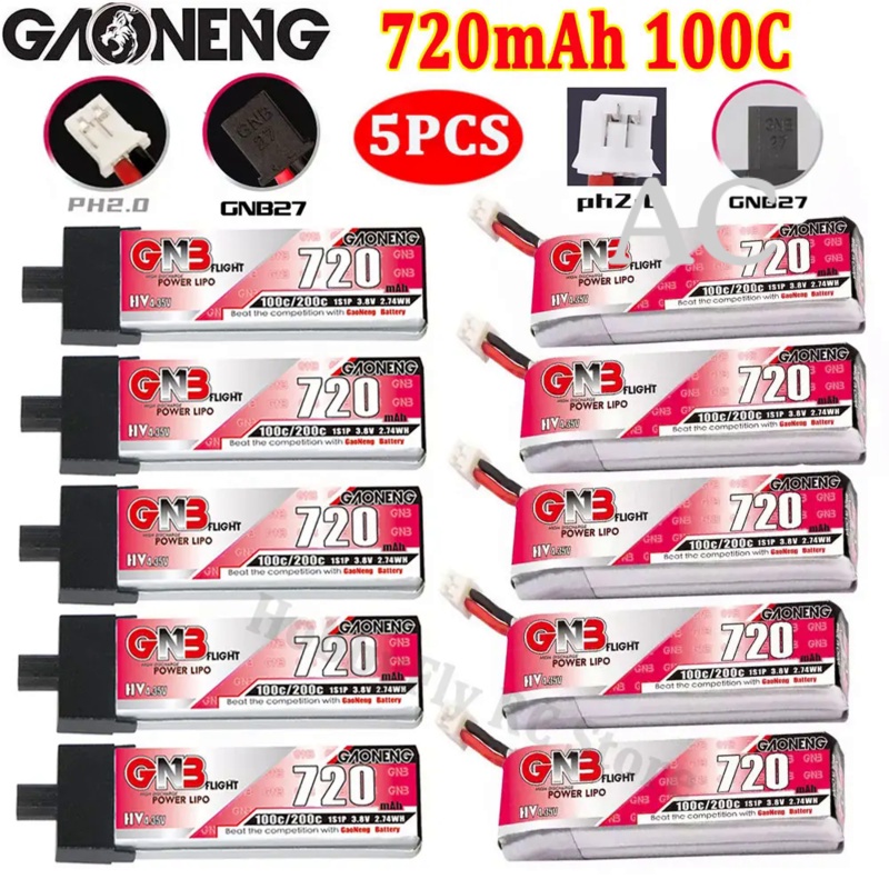 AC 5PCS GAONENG GNB 720mAh 1S1P 3.8V 100C Lipo Battery With PH2.0/GNB27 Plug for for Mini RC FPV Rac