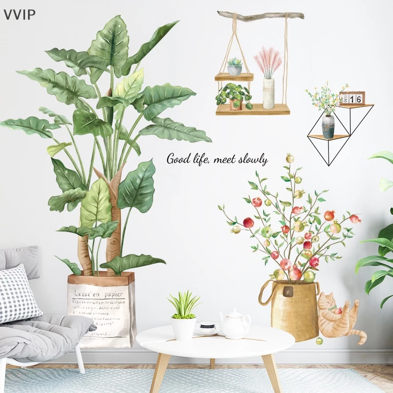 Vvth สีเขียวใบสติ๊กเกอร์ติดผนังสําหรับห้องนั่งเล่นตกแต่งรูปลอกผนังพืชเขตร้อน DIY เด็กประตูภาพจิตรกรรมฝาผนัง QDD
