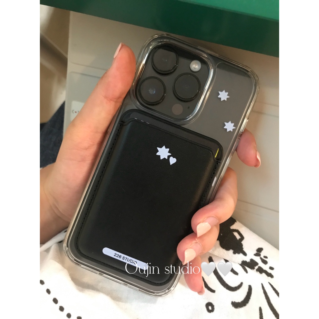 Han Guo ins Blue Star Girl Magnetic Leather Card Holder Wireless Charging Transparent Case เหมาะสําหรับ 16/15pro/14promax13/12/11 Phone Case Silver Leather Protective Case