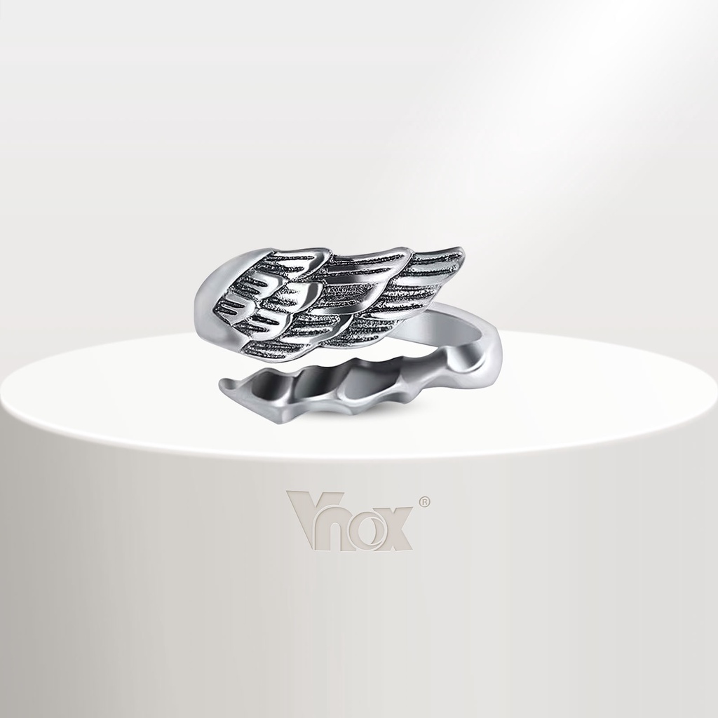 Vnox แหวนโลหะ รูปปีกนางฟ้า สีเงิน ปรับขนาดได้ เครื่องประดับ สไตล์โกธิควินเทจ สําหรับผู้ชาย และผู้หญิง