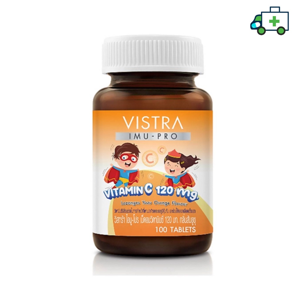 Vistra Imu-Pro Vitamin C 120 mg วิสตร้า ไอมู โปร วิตามินซี ชนิดอม กลิ่นส้มยูซุ สำหรับเด็ก อมหรือเคี้ยว 100 เม็ด [Plife]