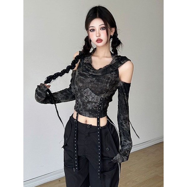 สไตล์คลุมด้วยผ้า Cool Hot Girl Top Slim-fit Pure Y2K Assassins Desire สไตล์เสื้อยืดแขนยาวฤดูใบไม้ผลิฤดูใบไม้ร่วงดึงหญิงขุดไหล่สั้นสไตล์ทั้งหมด @-