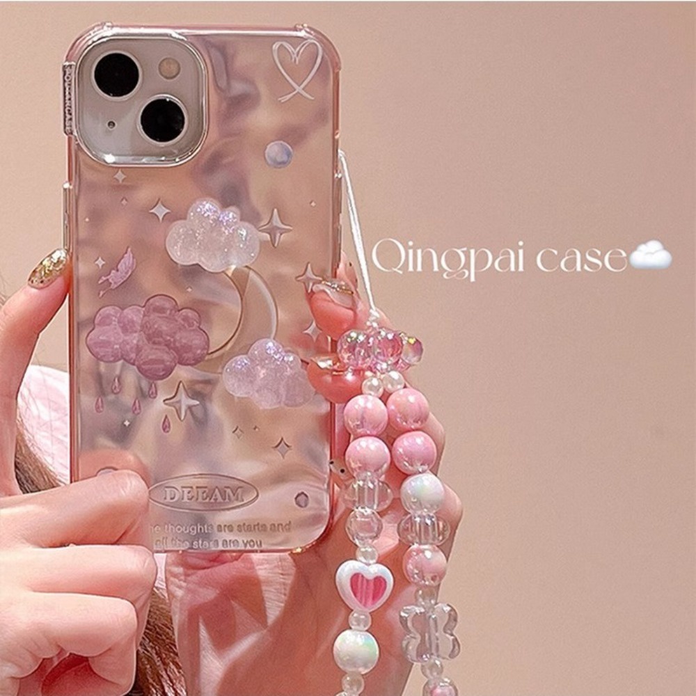 เคสโทรศัพท์มือถือแบบแข็ง หนา กันกระแทก กันรอยกล้อง ลายก้อนเมฆ 3D สีชมพู พร้อมสายคล้องข้อมือ สไตล์เกาหลี สําหรับ IPhone 14 Pro Max 15 14 13 12 11 Pro Max