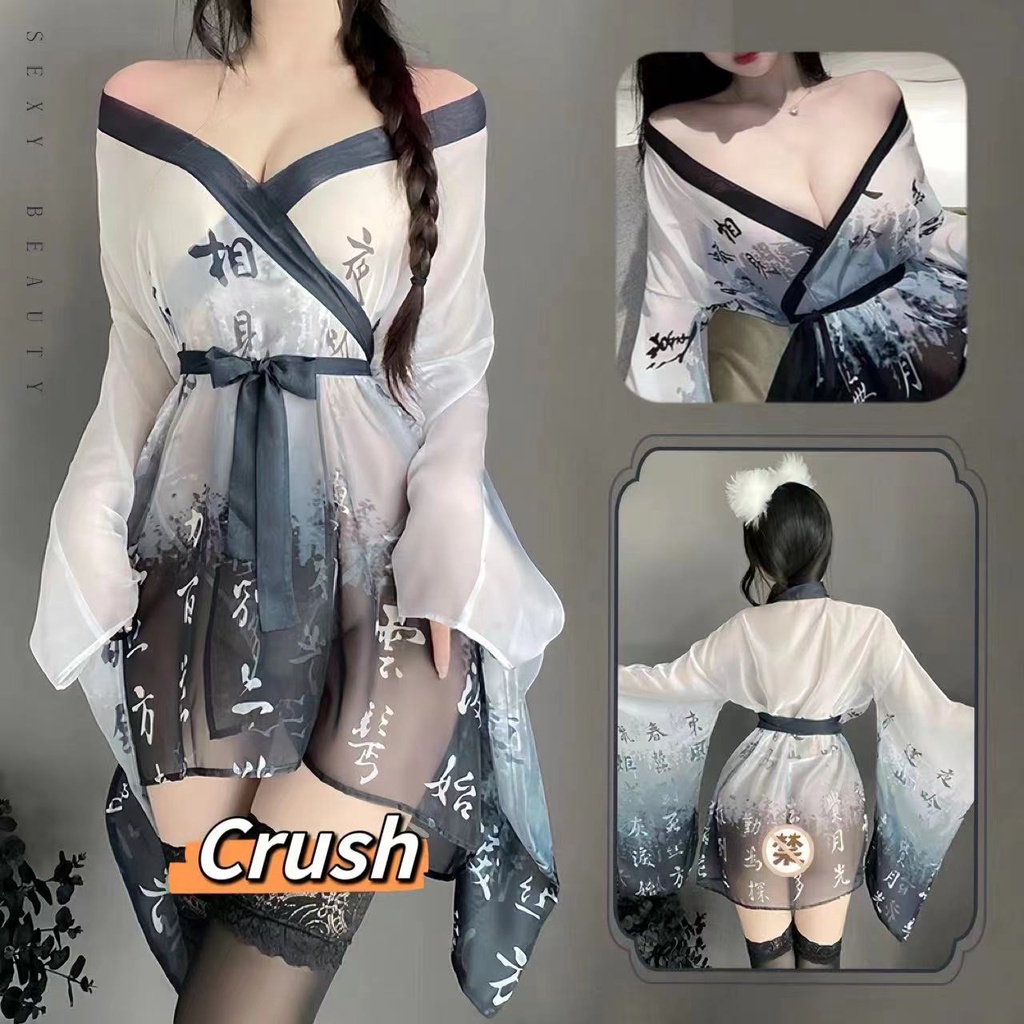 Crush💘 ชุดฮั่นฝู ลายตัวอักษรจีน ดีเทลแขนชายเสื้อยาว สีขาวตัดดำ 🛒พร้อมส่งจากไทย (GF-1)