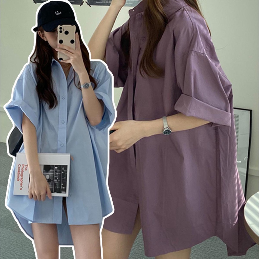 Lune_Grace W301-พร้อมส่ง-เสื้อเชิ้ตโอเวอร์ไซส์ แขนยาวสีพึ้นแฟชั่นเกาหลี อินเทรนด์ ทรงสวยผ้าดี สไตล์แฟนหนุ่มBF